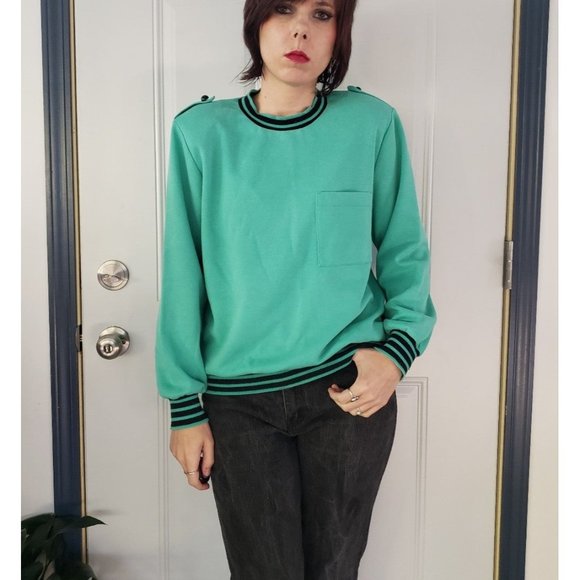 80s Green and Black Grew Neck Sweatshirt - Picture 1 of 4